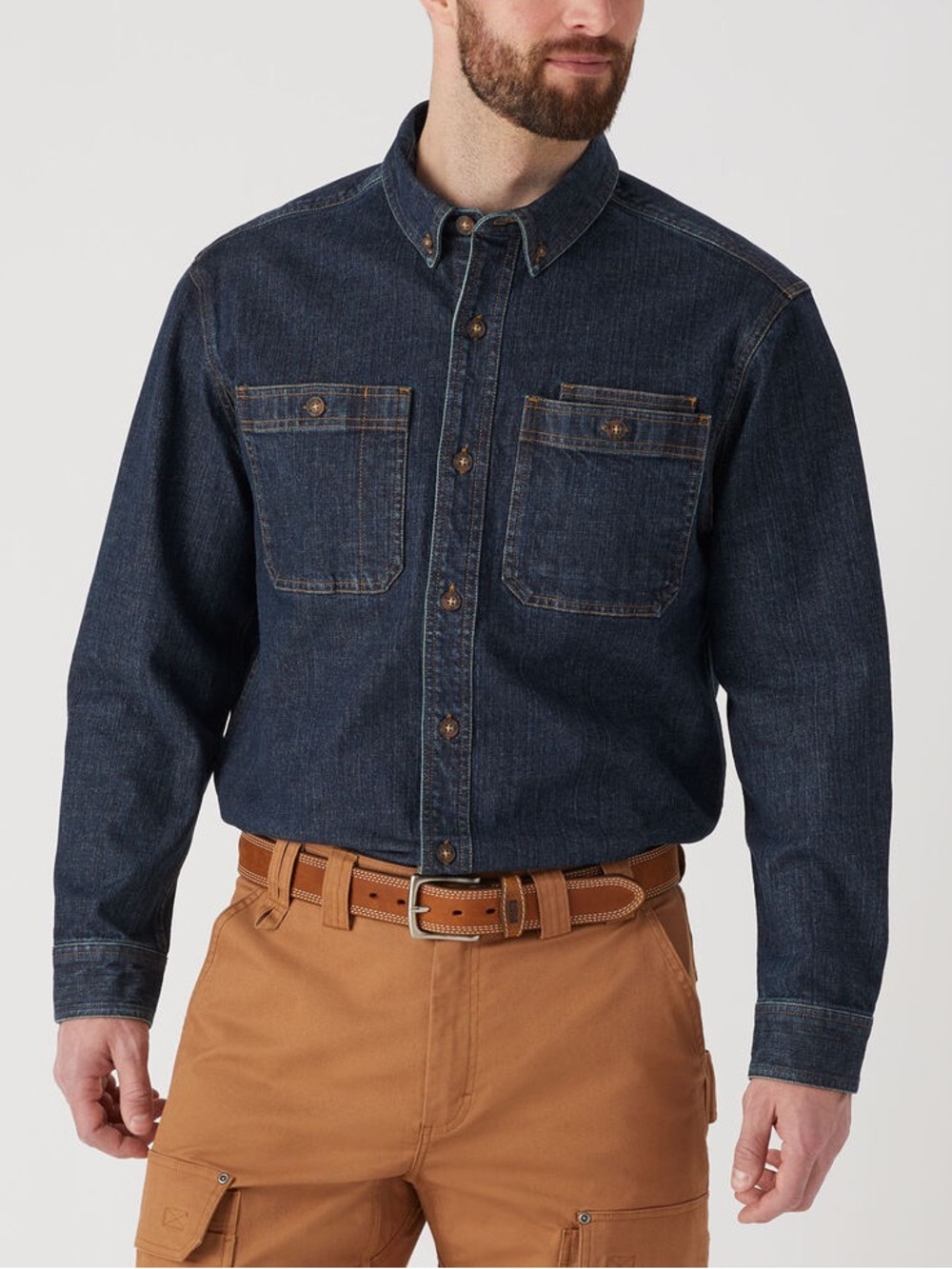 Duluth Trading Co Men’s Free Swingin’ Denim Relaxed Fit Button Down Shirt, XL